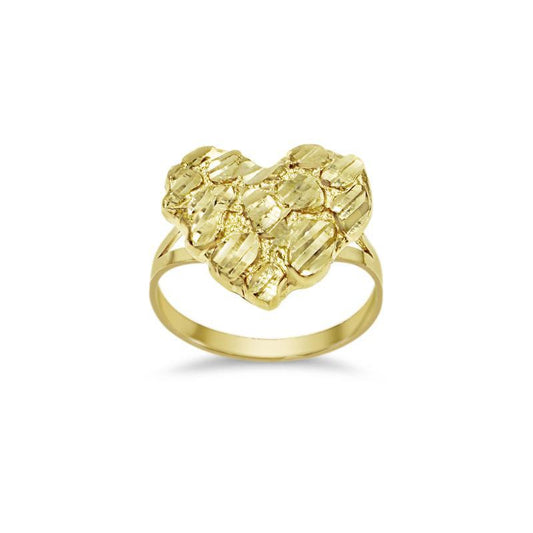 10K Yellow Gold Nugget Heart Ring Women Real Gold Textured Statement Jewelry