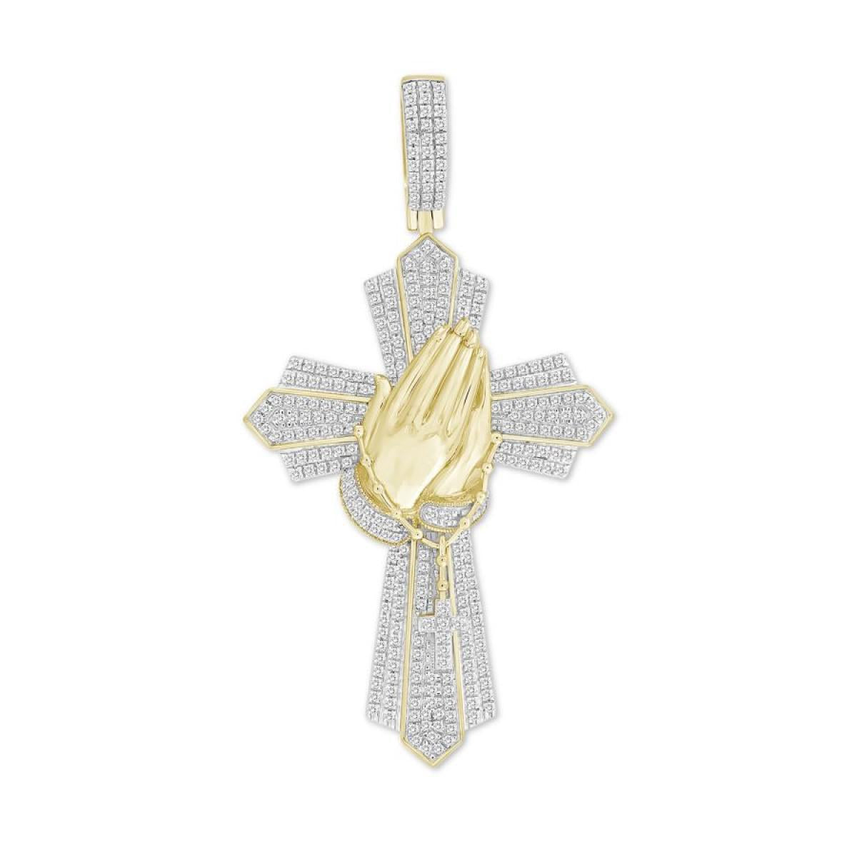 1 Cttw Diamond Cross Praying Hands Mens Charm Pendant 10k Yellow Gold