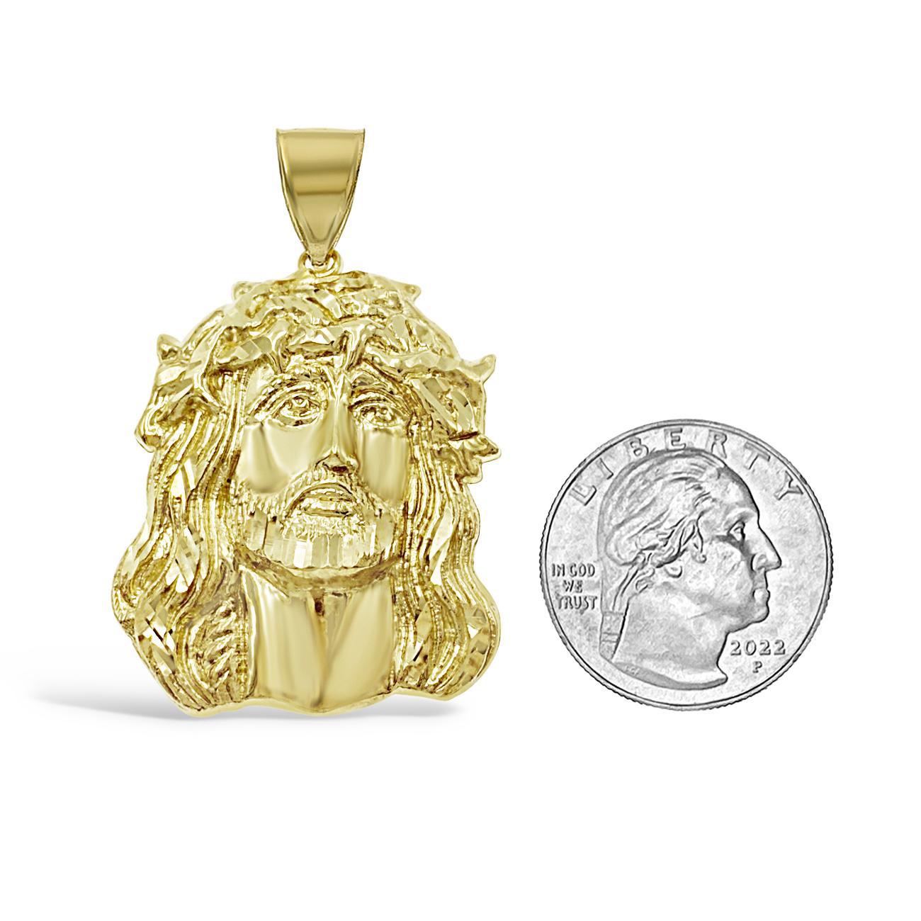 Jesus Head Pendant Mens Charm 10k Yellow Gold 2.1 inch