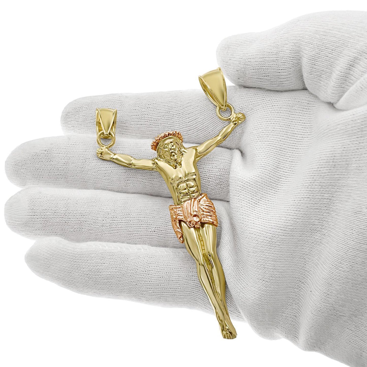 Jesus Crucifix Pendant 10k Gold 3D Two Bail Charm 3"