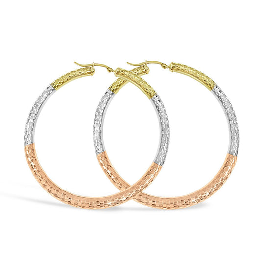 10K Tri Color Gold Large Womens Hoop Earrings Hinged 2.2 Inch 4mm Textured
