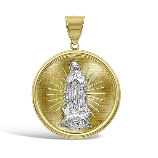 Virgin Mary Round Pendant 10k Two Tone Gold Lady Guadalupe Charm 1.8"