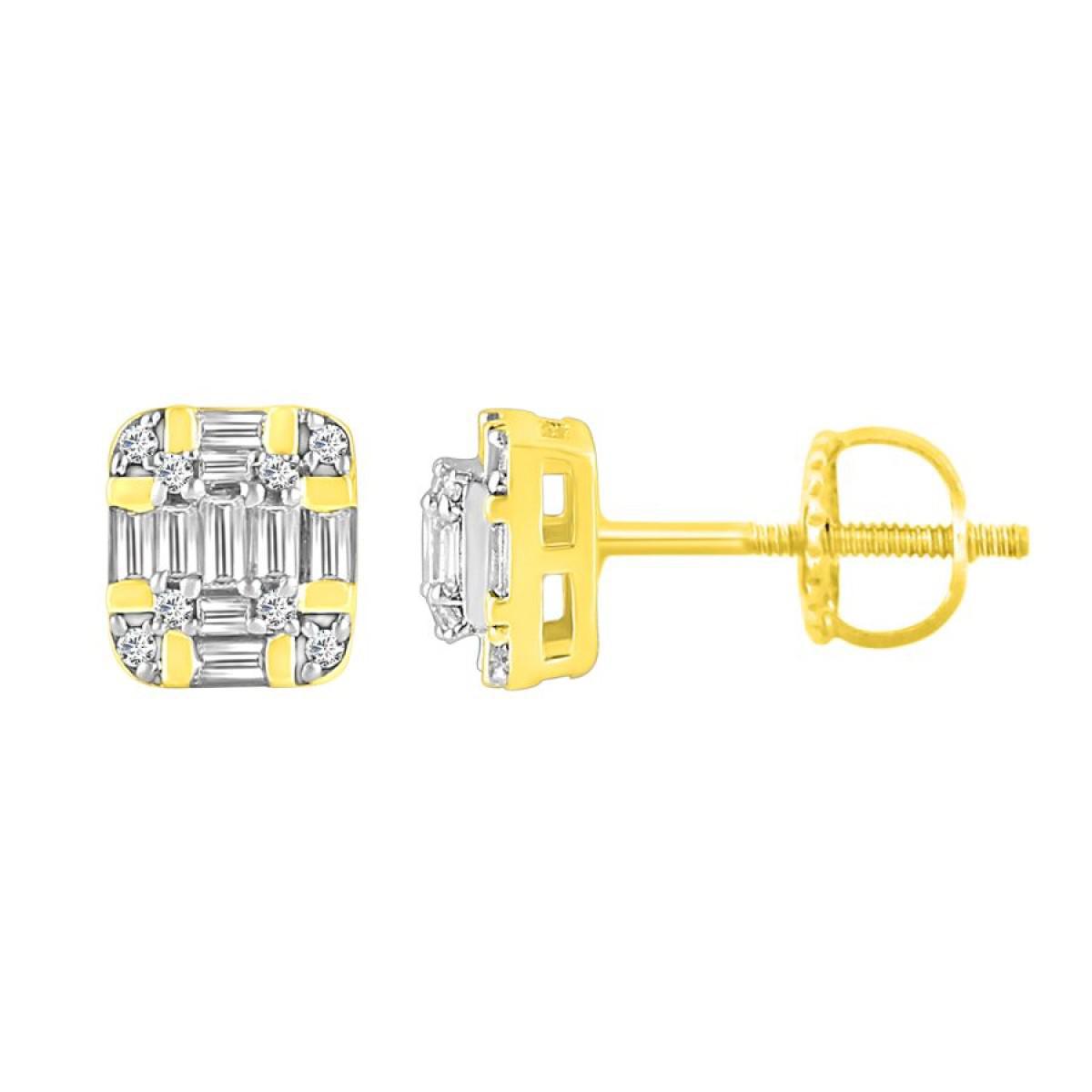 Diamond Baguette Stud Square Earrings 10k Yellow Gold Screw back 0.25cttw