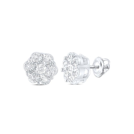 Diamond Flower Stud Earrings 925 Sterling Silver Screw Back Womens