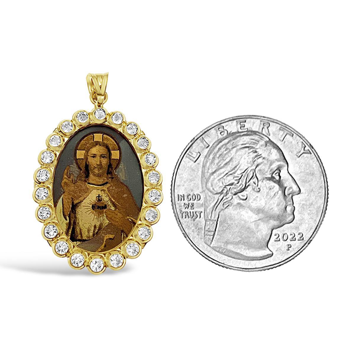 14k Gold Jesus Sacred Heart Pendant Charm Oval 1.3"