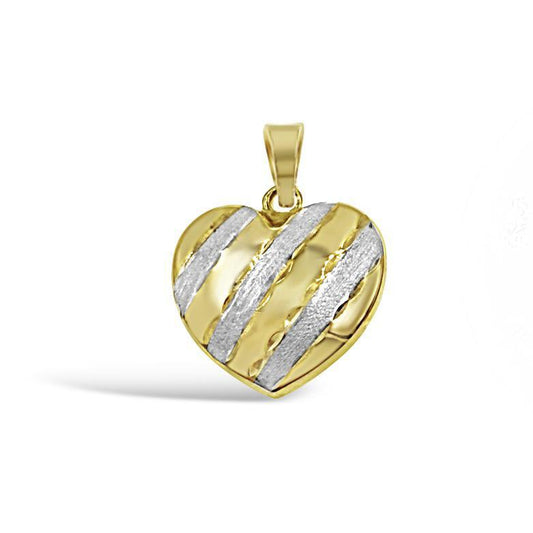 14k Gold Two-Tone Puff Heart Pendant Textured Striped Love Charm