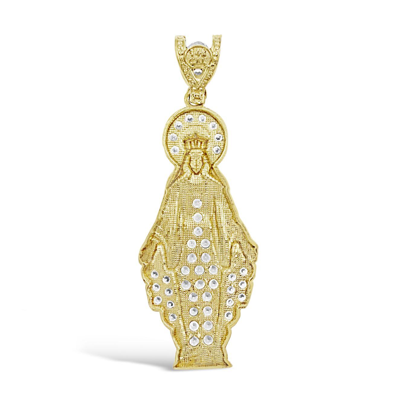14K Yellow Gold Virgin Mary Lady Guadalupe Pendant CZ Charm 1.6 inch