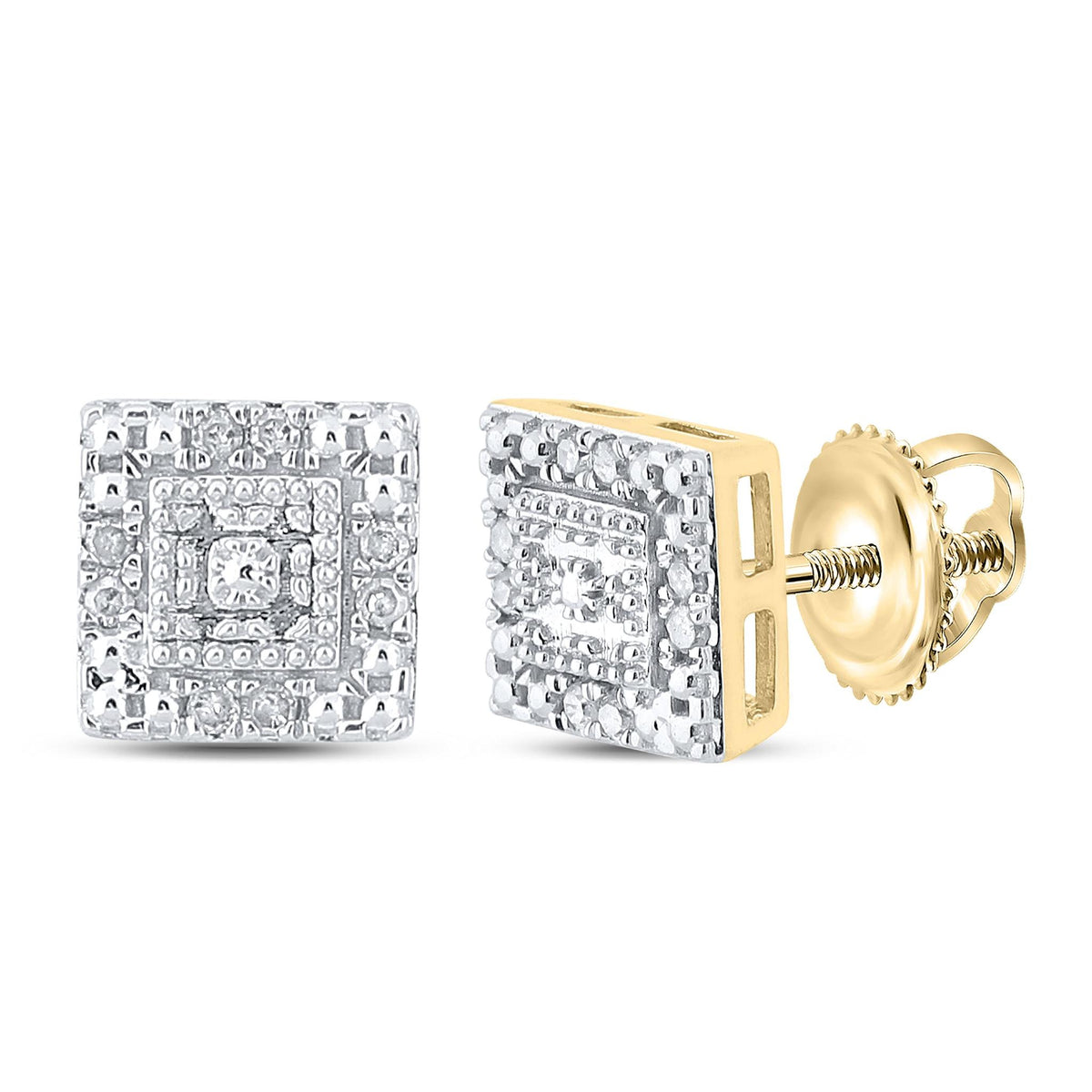 Diamond Square Stud Mens Earrings 10K Yellow Gold Screw Back