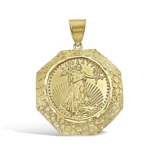 10k Gold Solid Liberty 20 Dollar Coin Pendant with Nugget Bezel