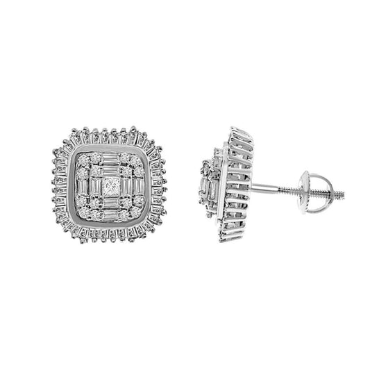 0.75ctw Princess Baguette Diamond Cushion Shape Stud Earrings 14k White Gold