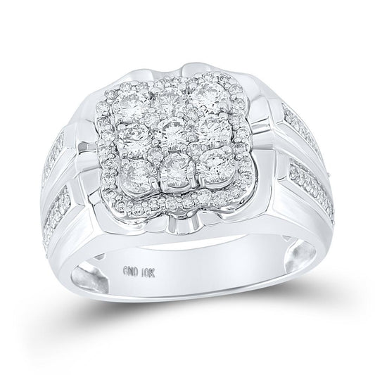 1.51ctw Diamond Square Cluster Signet Mens Ring 10k White Gold