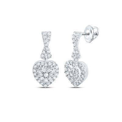 0.33ctw Baguette Round Diamond Heart Dangle Stud Earrings 10k Gold Screw Back