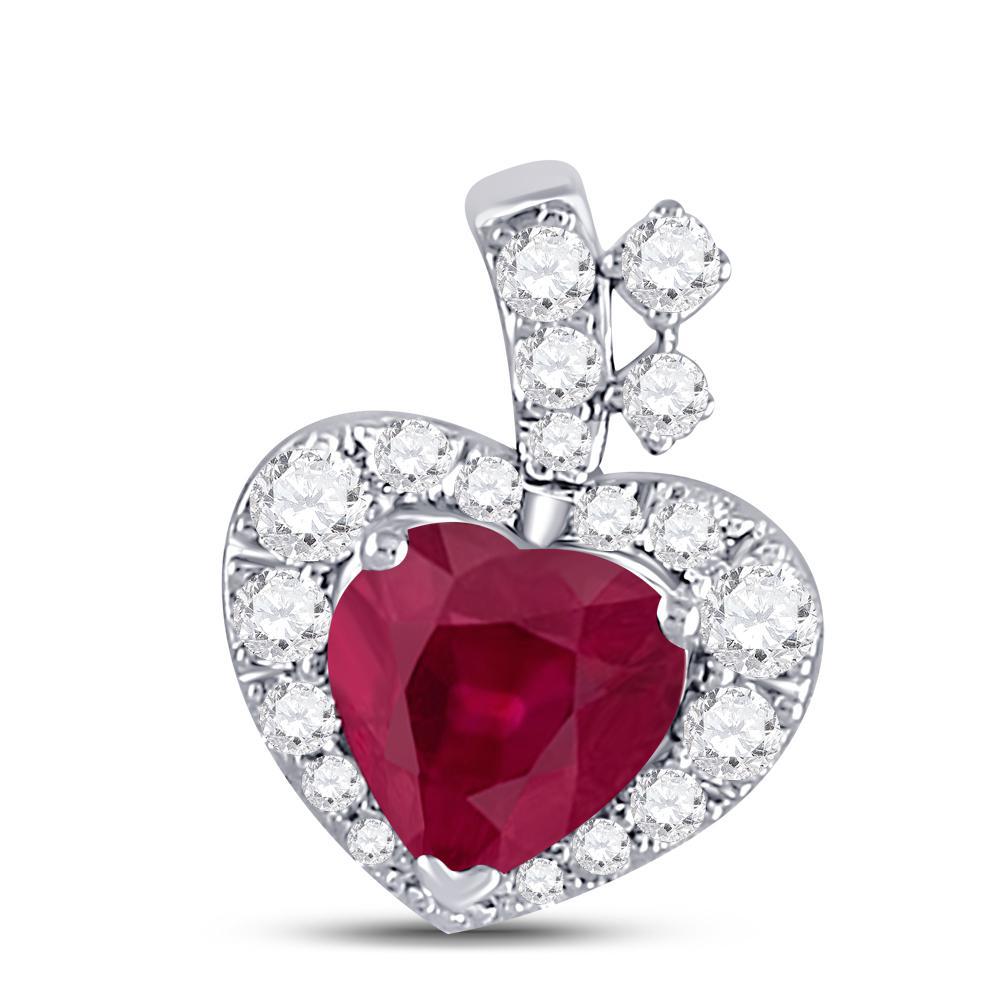 Natural Ruby Heart & Diamond Pendant 10k White Gold Charm