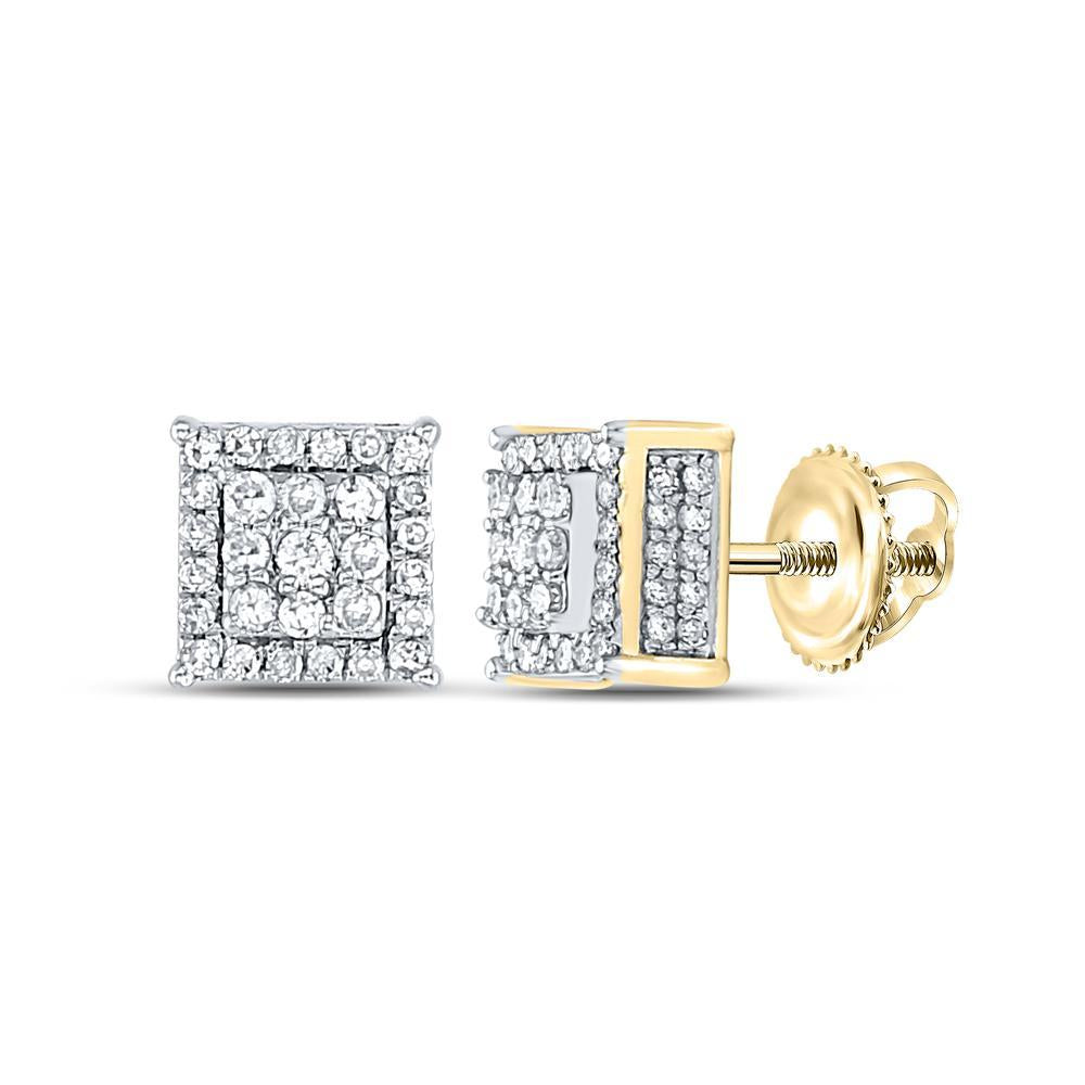 Diamond Square Stud Mens Earrings 10K Yellow Gold Cluster Screw Back