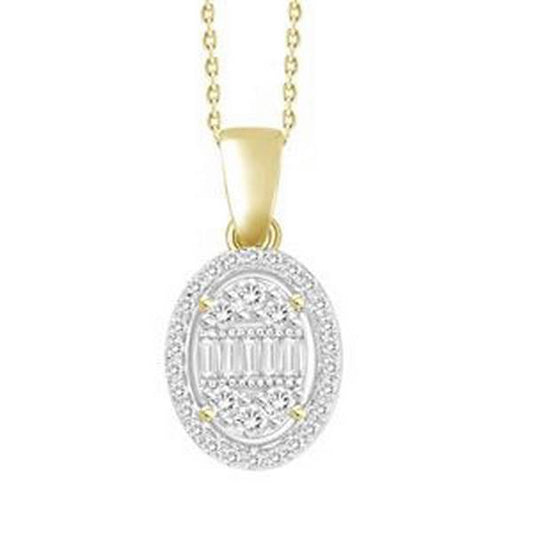 Diamond Baguette Oval Pendant Necklace 10k Yellow Gold 1/5cttw