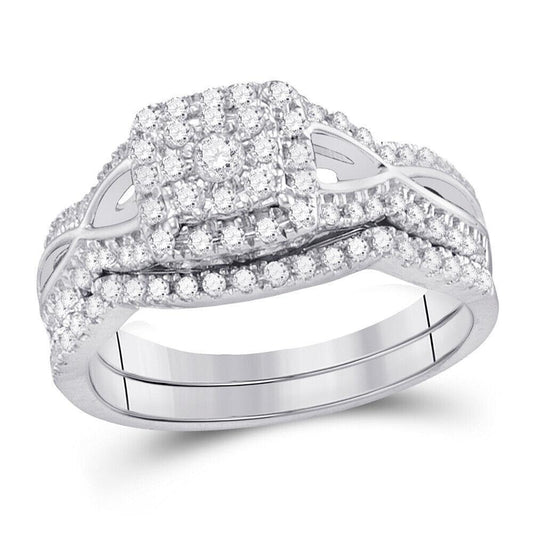 0.49Ctw Round Diamond Bridal Square Cluster Wedding Ring Band Set 14k White Gold