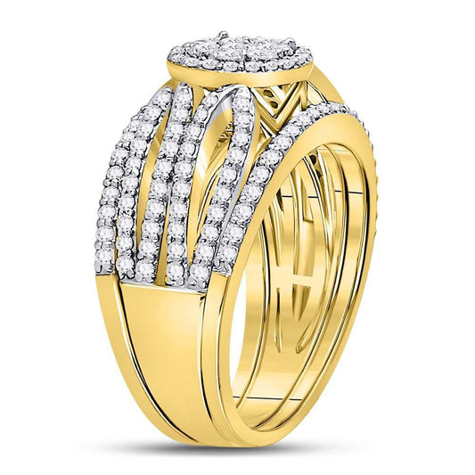 0.96 Ctw Diamond Round Cluster 3 Piece Bridal Wedding Ring Band Set 14k Gold