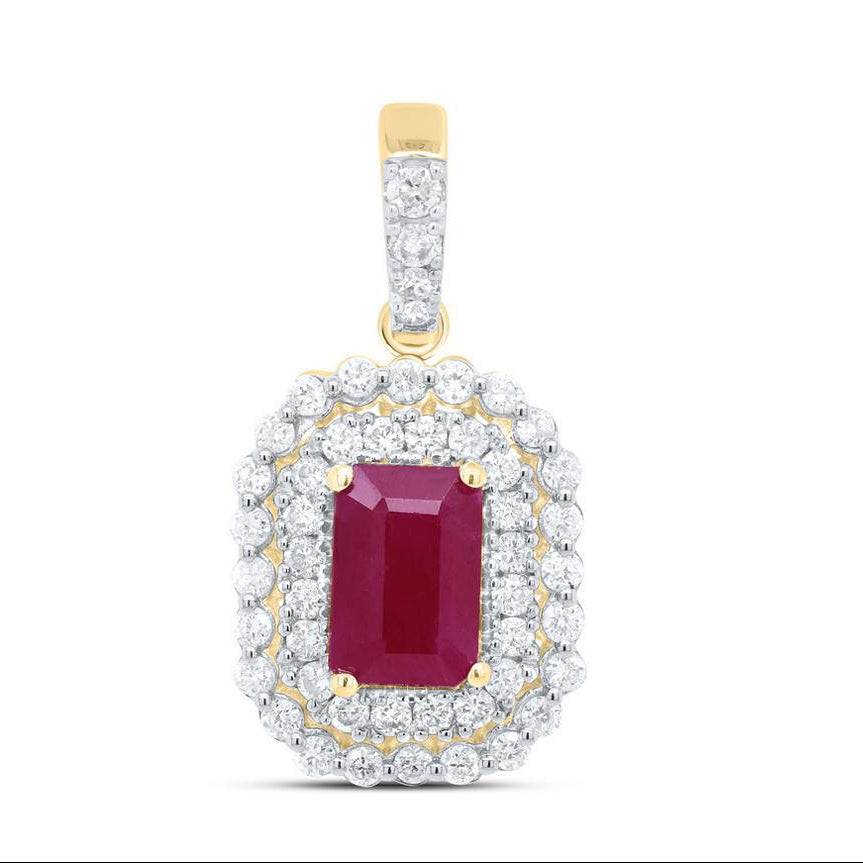 Ruby Diamond Emerald Cut Halo Pendant 14K Yellow Gold