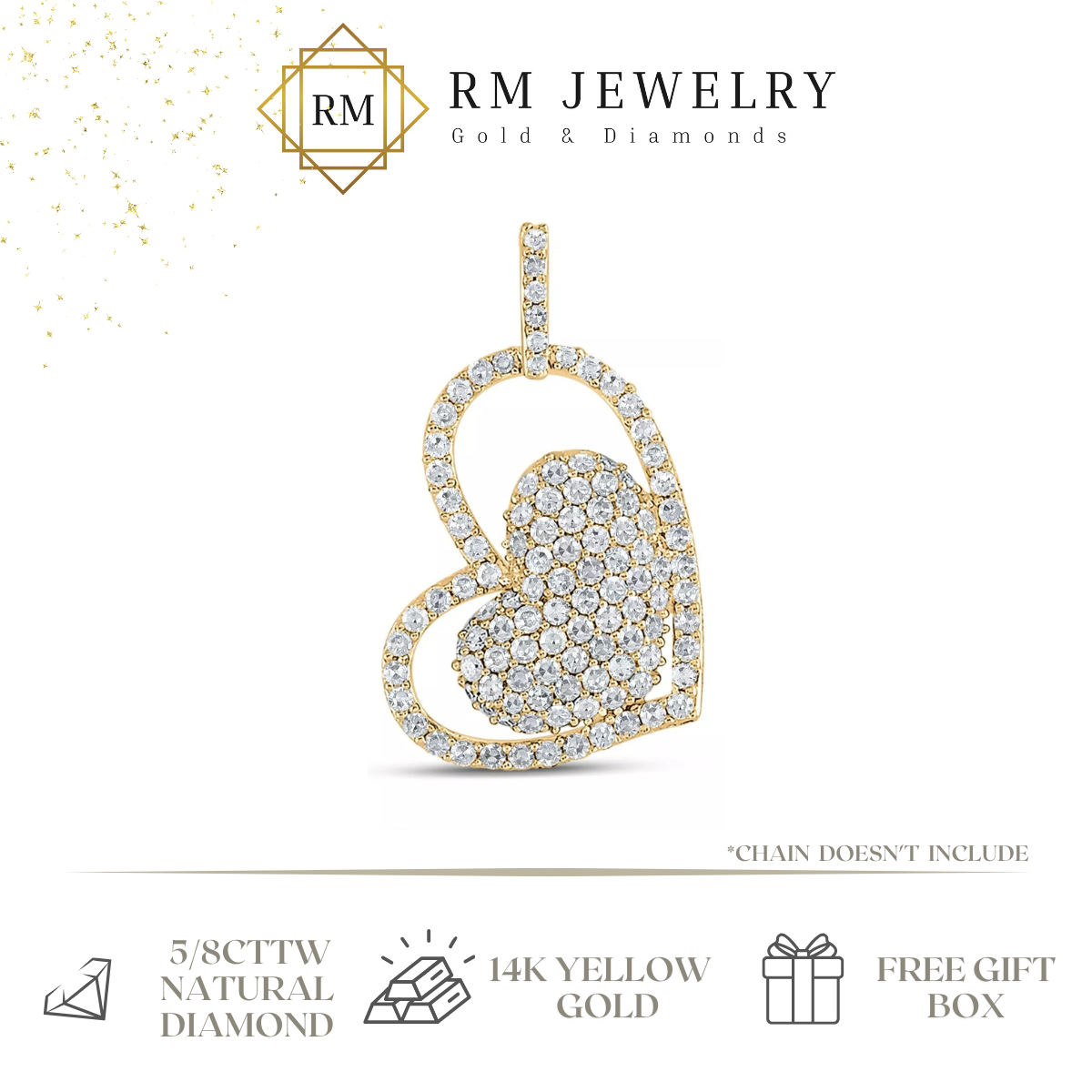 0.68ctw Diamond Double Heart Charm Pendant 14k Yellow Gold