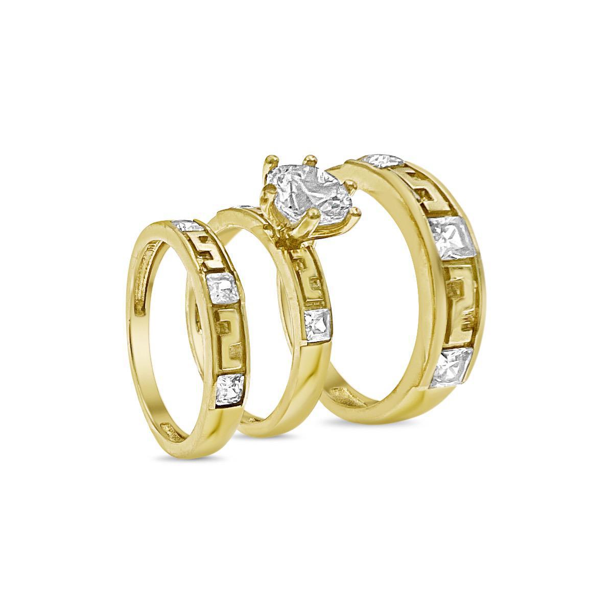 10k Yellow Gold Trio Wedding Ring Band Set His Her Bridal Engagement CZ