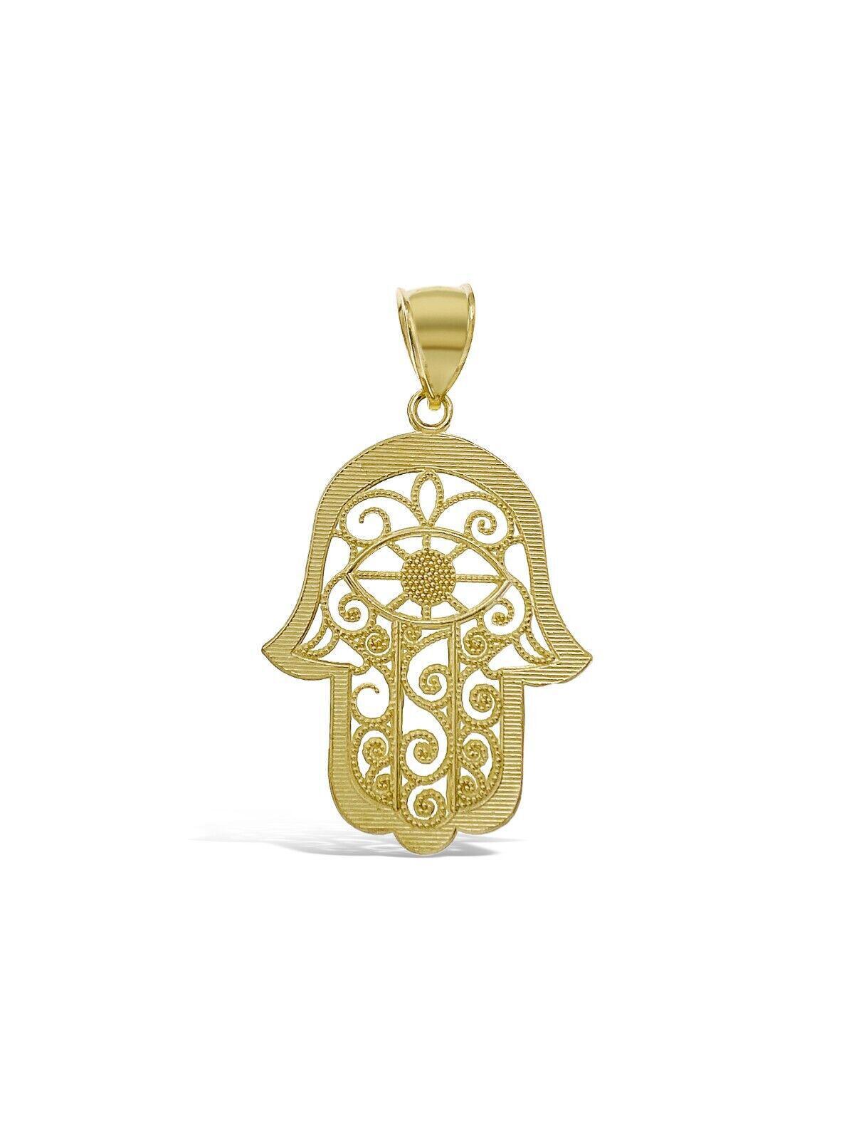 Hamsa Fatima Hand Pendant Real 10k Gold Charm 1.6"