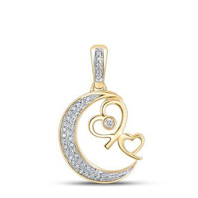 Diamond Crescent Moon Double Heart Pendant Charm 10k Yellow Gold