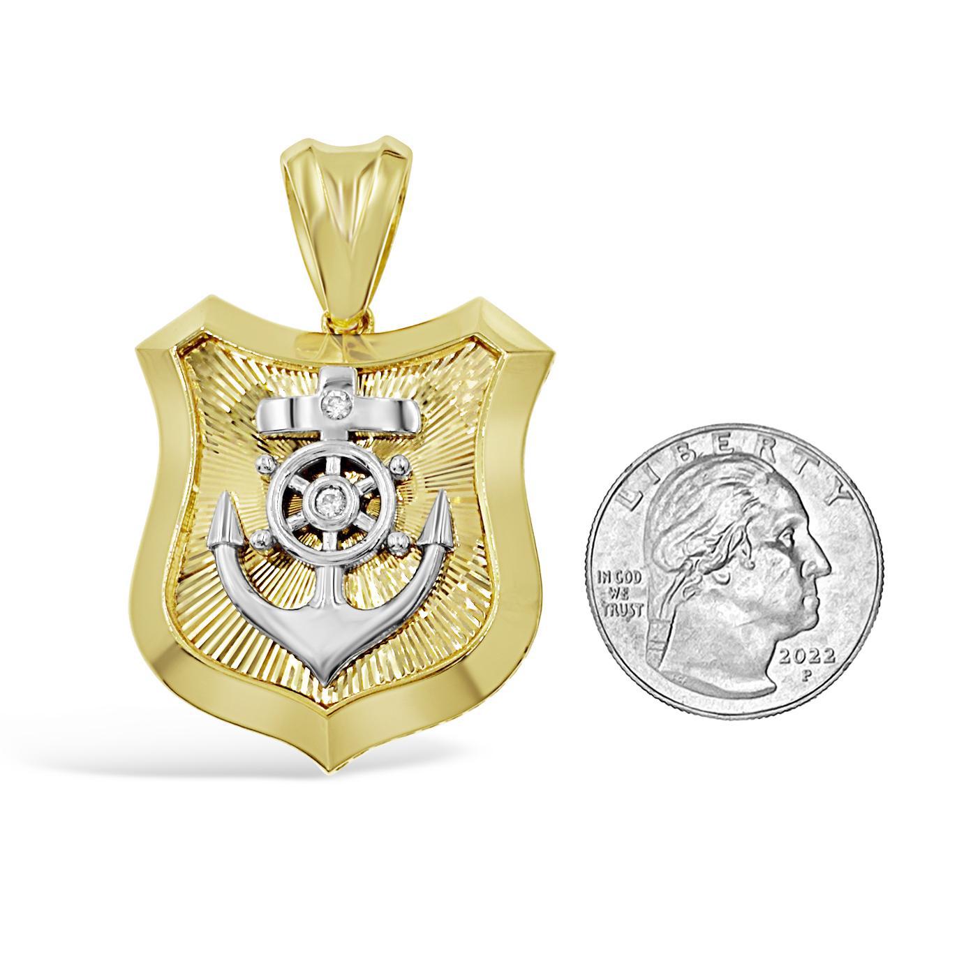 14K Two Tone Gold Mens Anchor Wheel Shield Pendant Nautical Charm 2 inch