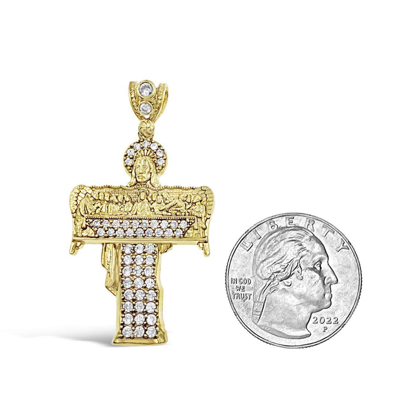 Last Supper Jesus Cross Pendant 10K Yellow Gold CZ Religious Charm 1.9 inch