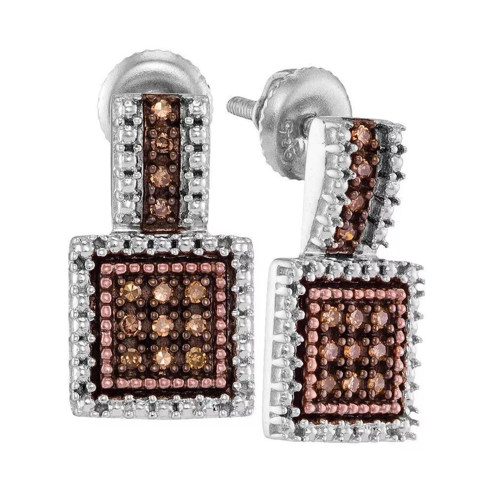 0.20ctw Brown Diamond Square Cluster Earrings 925 Sterling Silver Screw Back