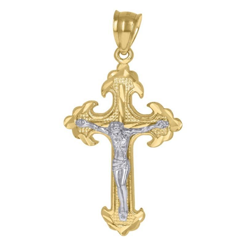 10k Two tone Gold Cross Diamond Cut Crucifix Pendant Mens Charm