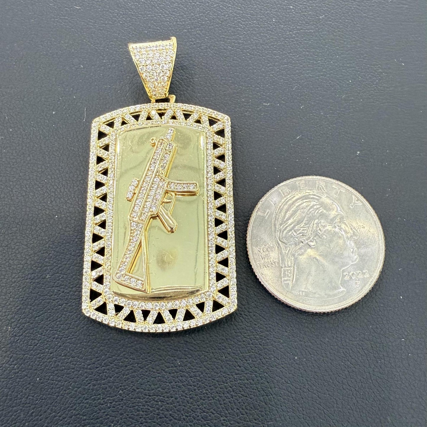 925 Sterling Silver Gold Plated AK-47 Gun Pendant Mens Iced Out Charm