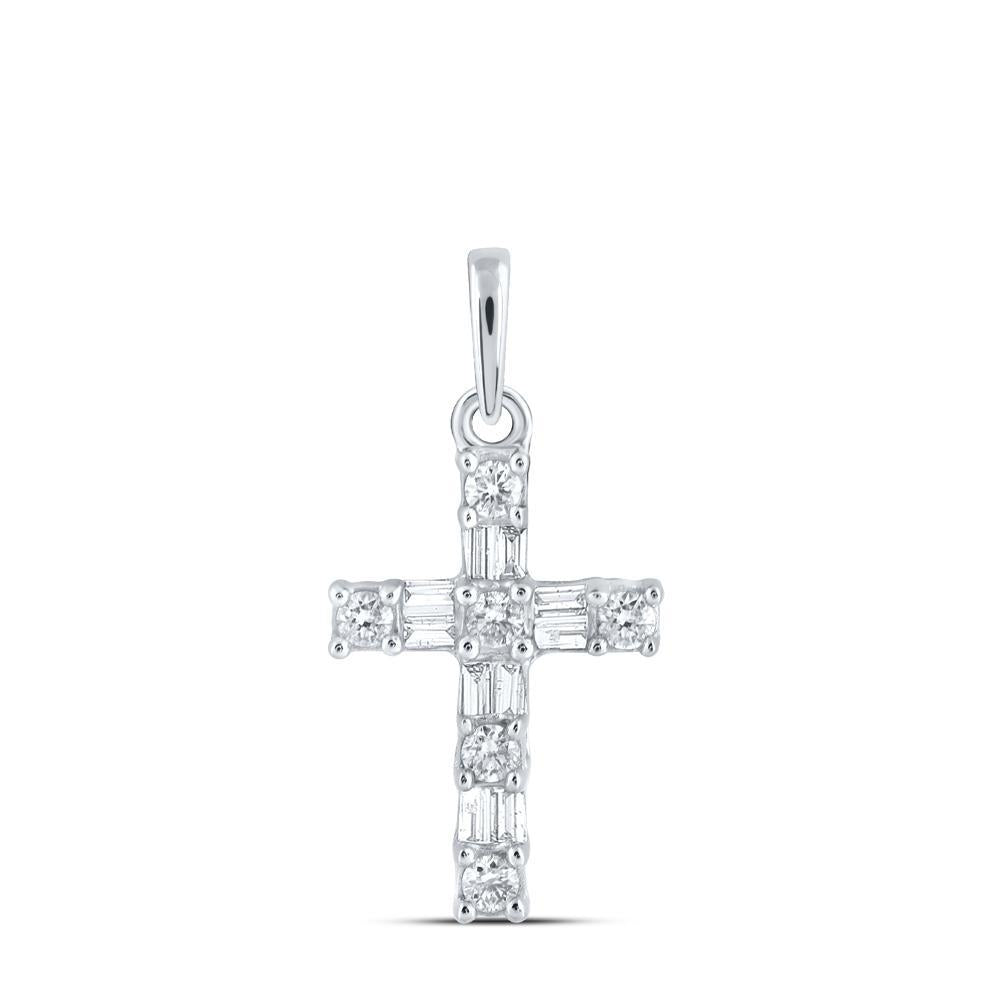 Baguette Diamond Cross Pendant 10K White Gold Religious Charm