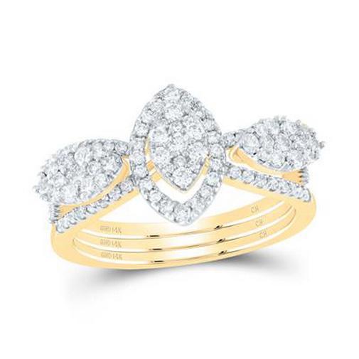 0.87 Ctw Diamond Marquise Cluster Bridal Wedding Set of 3 Ring Band 14k Gold