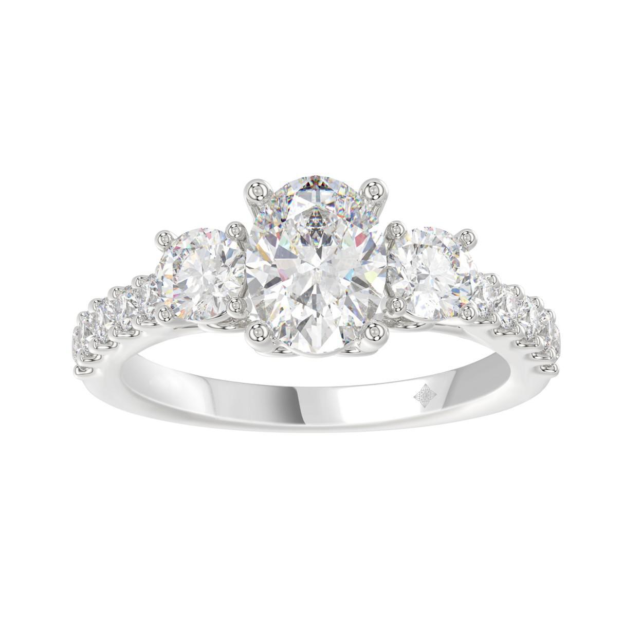 2.5 cttw Lab Grown Oval Round Diamond Three Stone Engagement Ring 14k White Gold
