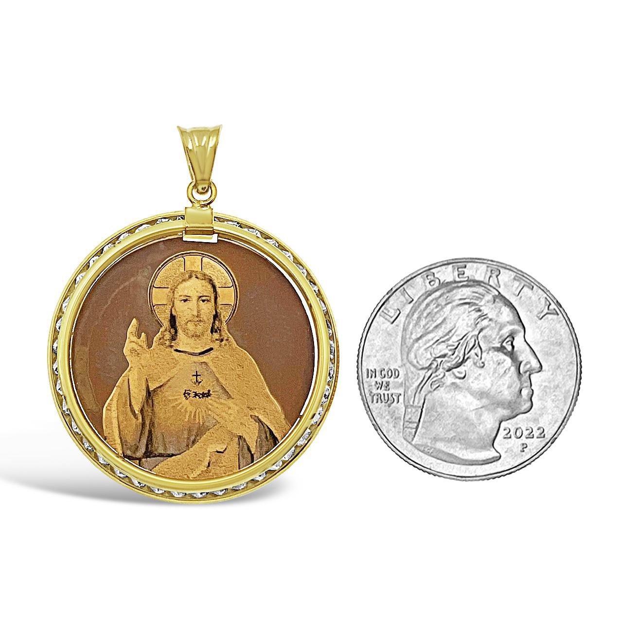 14k Yellow Gold Jesus Sacred Heart Pendant Round Charm 1.6 inch