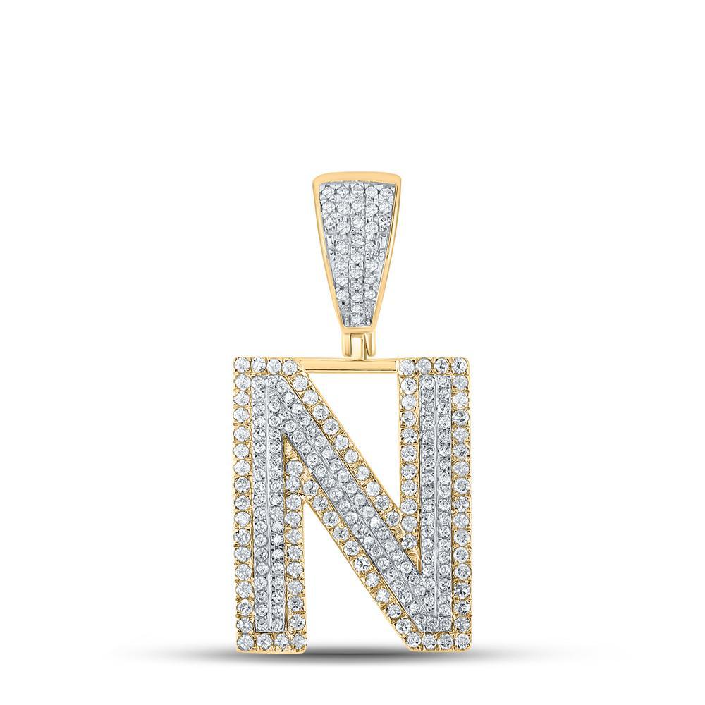 0.94Ctw Round Diamond Initial N Letter Charm Pendant 10k Two-tone Gold Mens