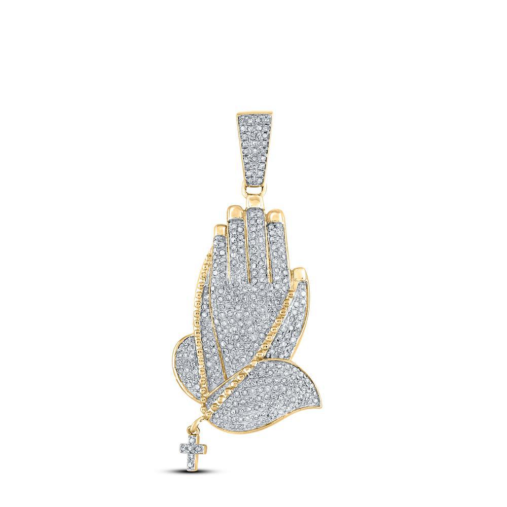 10kt Yellow Gold Mens Diamond Prayer Hands Charm Pendant 7/8 Cttw