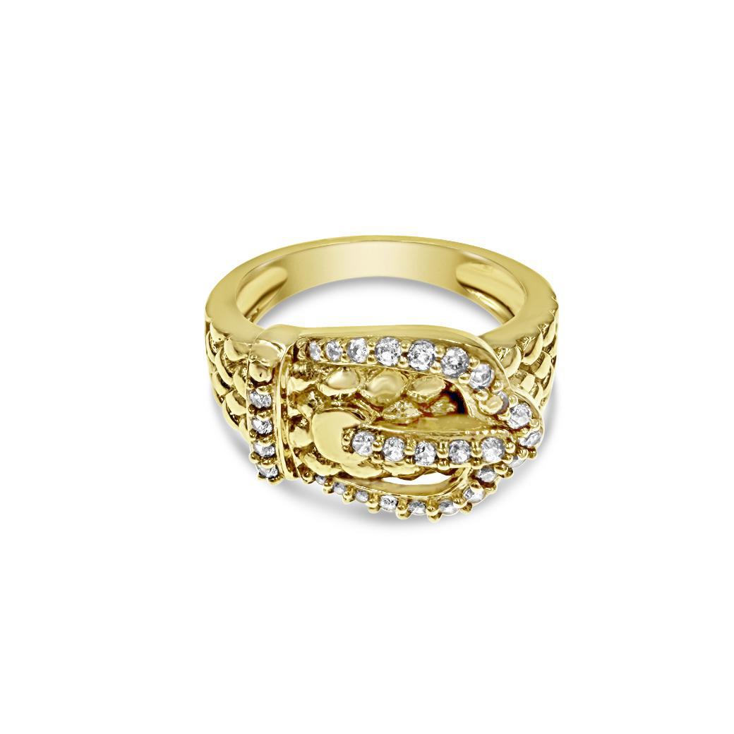 14K Yellow Gold CZ Buckle Ring Statement Fashion Band Womens
