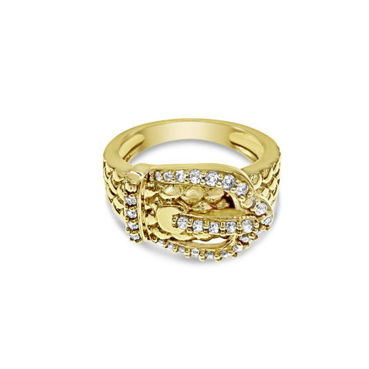 14K Yellow Gold CZ Buckle Ring Statement Fashion Band Womens