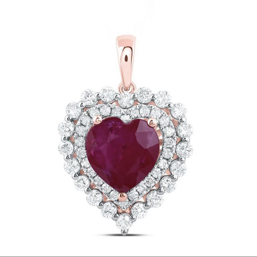 Ruby & Diamond Heart Halo Pendant 14K Rose Gold