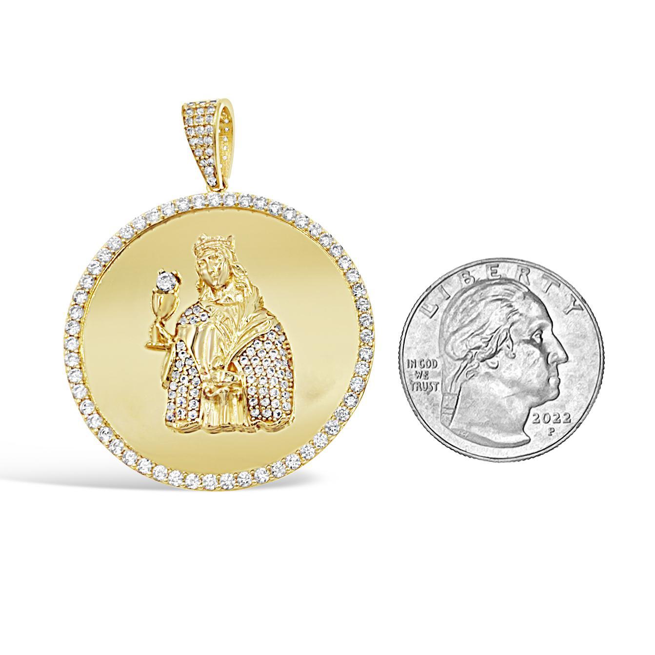 14K Yellow Gold Saint Barbara Medallion Mens Pendant CZ Religious Charm 1.8 inch