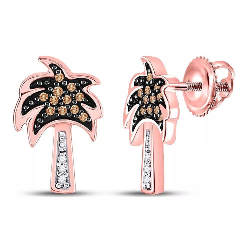 10kt Rose Gold Brown Diamond Palm Tree Earrings 1/8 Cttw