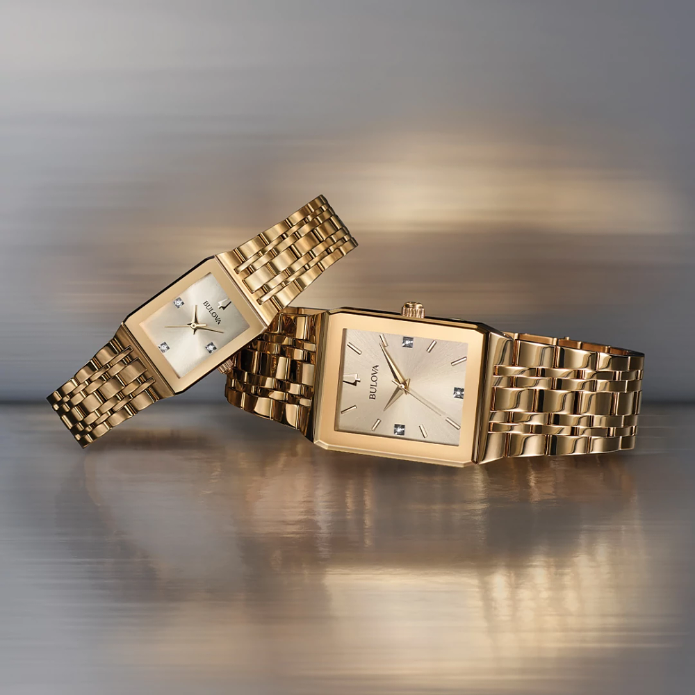 Bulova Quadra Diamonds Rectangle Gold Dial Mens Watch 97D120