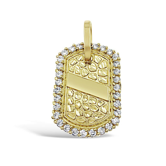 Dog Tag Nugget Pendant CZ Charm Real 10k Yellow Gold 1.7 inch