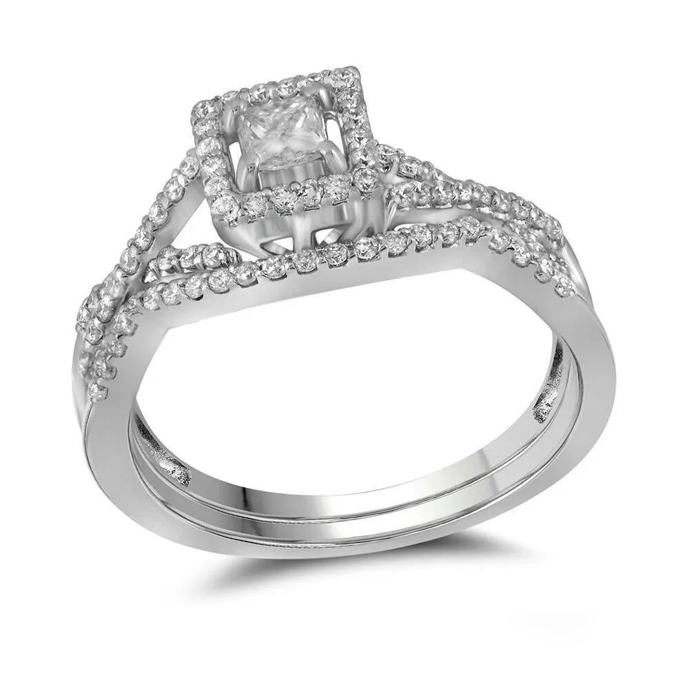14k White Gold Princess Diamond Bridal Wedding Ring Band Set 1/3 Ctw