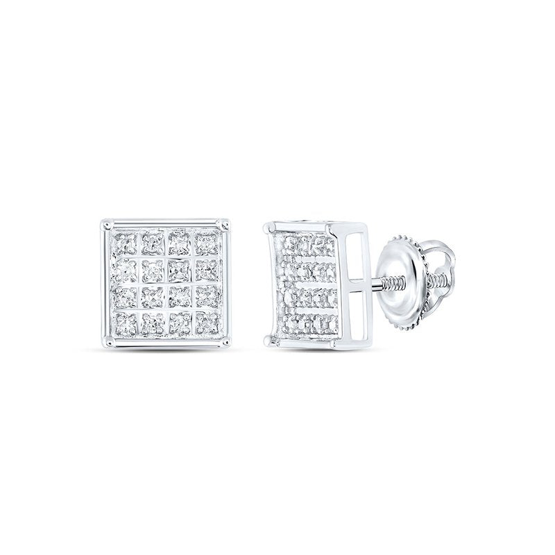 925 Sterling Silver Round Diamond Square Cluster Earrings 1/10 Cttw