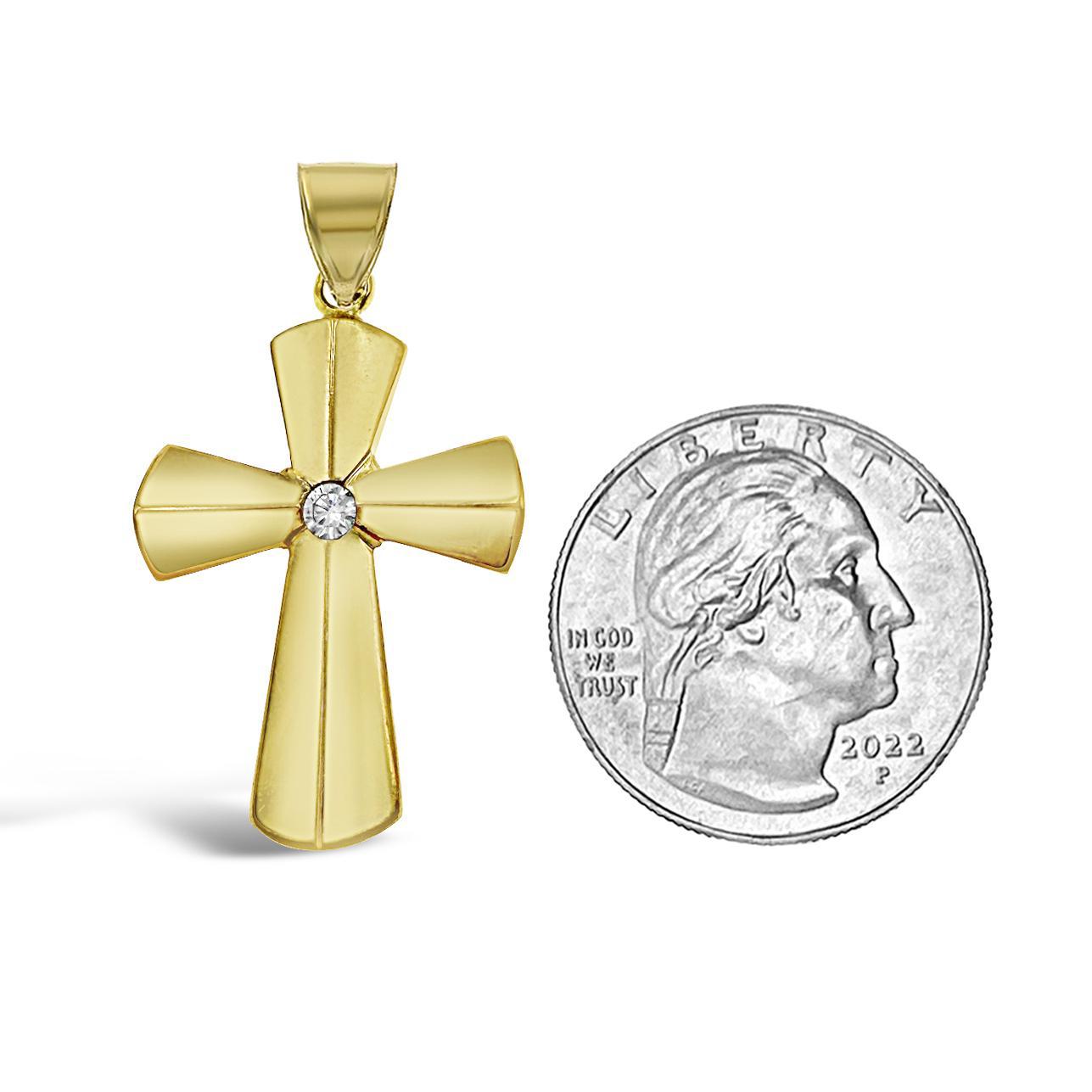 Cross Pendant Charm Real 10k Yellow Gold CZ 1.5 inch