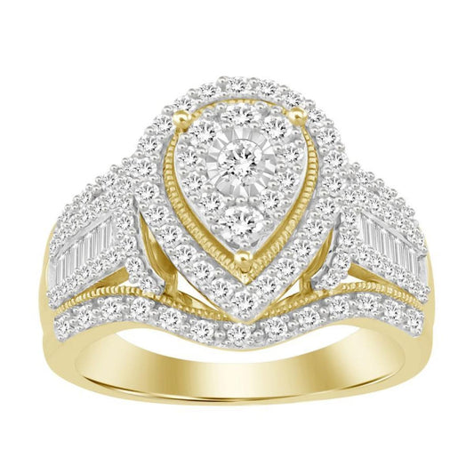 1.0cttw Diamond Pear Shape Cluster Ring Engagement Baguette 10k Yellow Gold