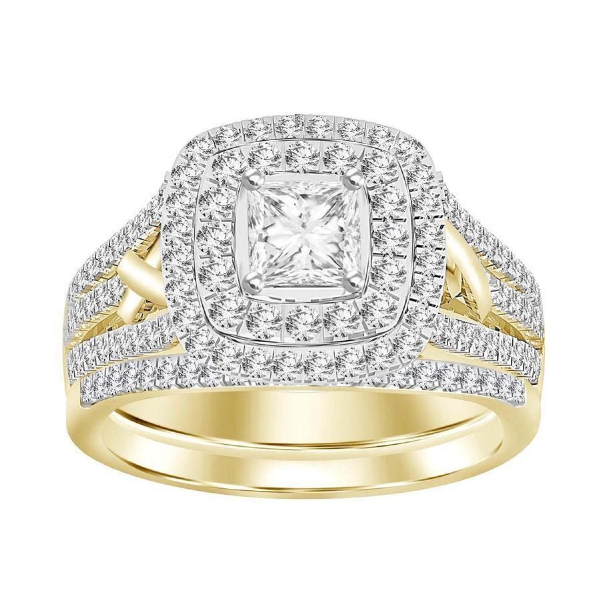 1 cttw Princess / Round Diamond Cushion Bridal Wedding Ring Set 14k Yellow Gold