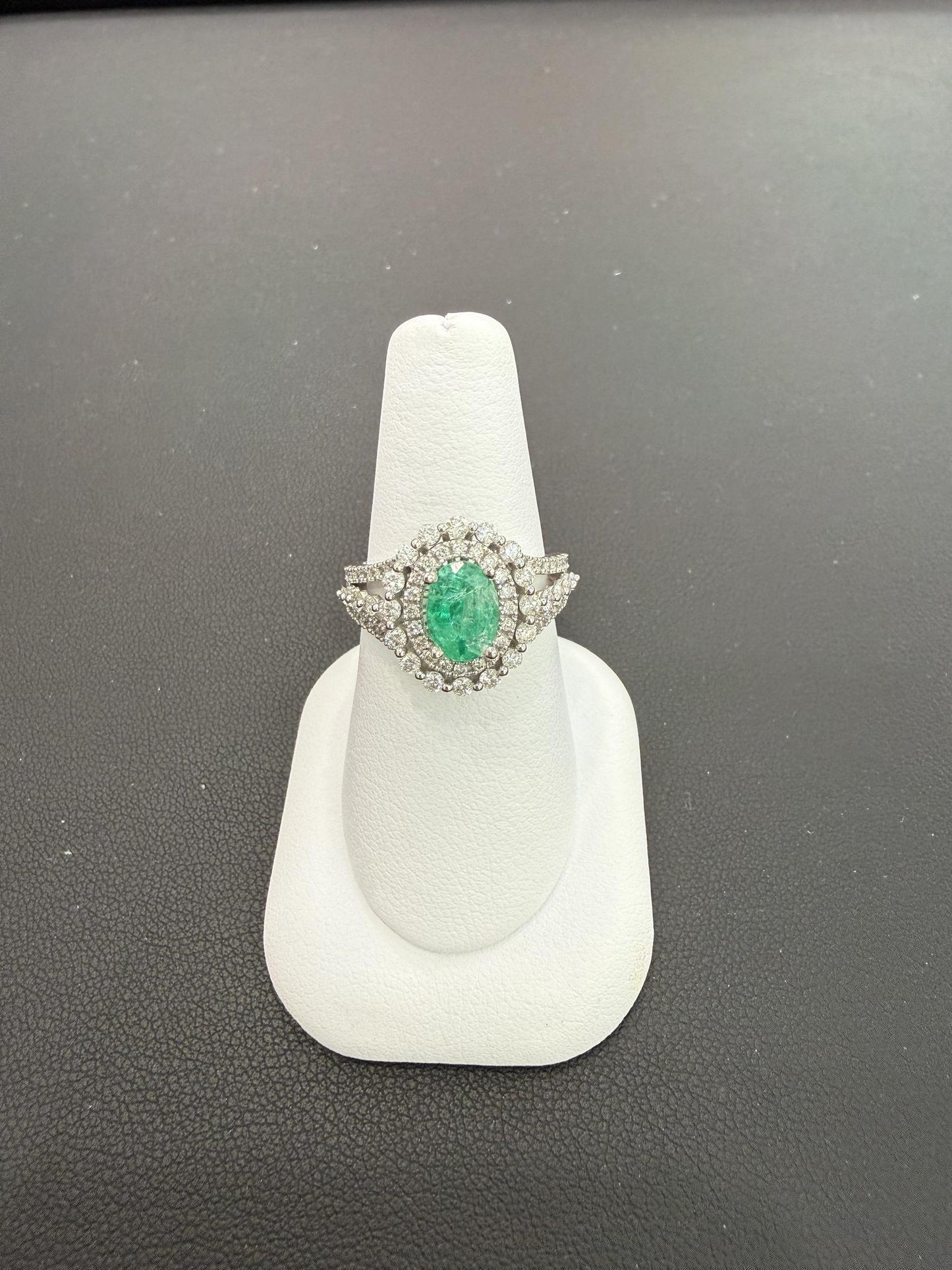 1.00ct Oval Emerald Diamond 0.86ctw 14K White Gold Halo Ring Split Shank